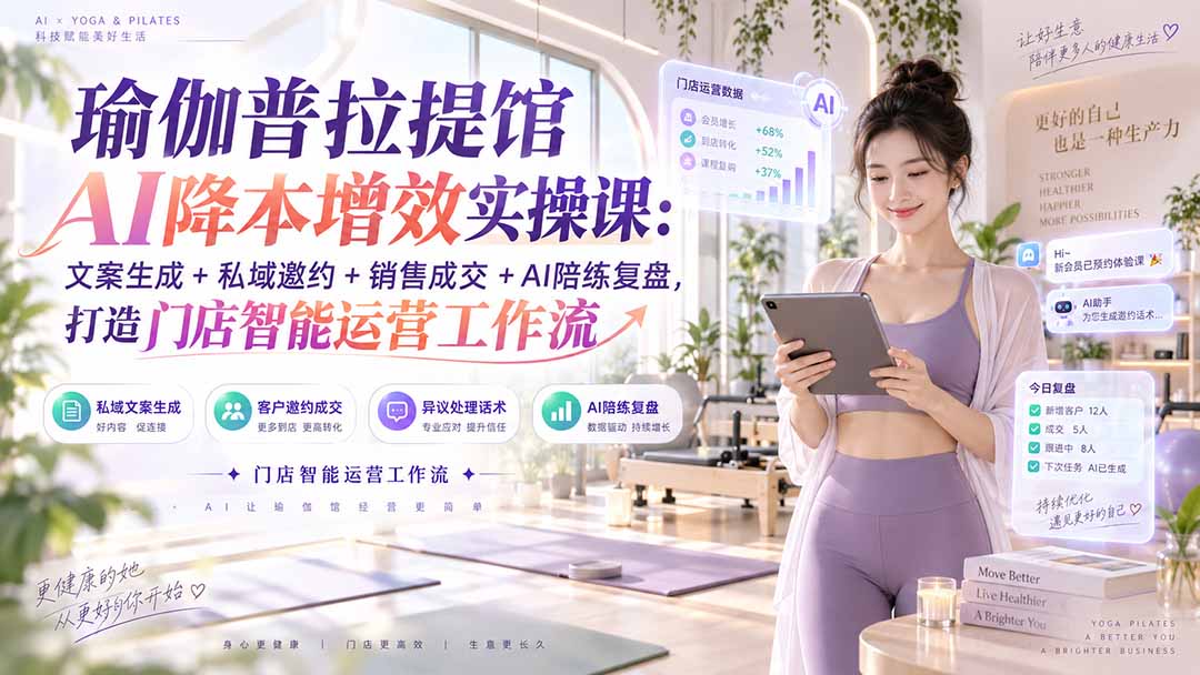 瑜伽普拉提馆AI降本增效实操课:文案生成+私域邀约+销售成交+AI陪练复盘,打造门店智能运营工作流-旺仔资源库