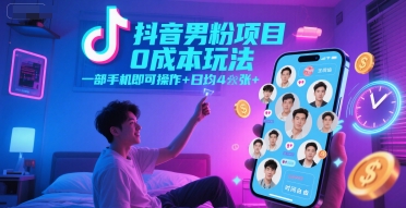 抖音男粉项目0成本玩法，一部手机即可操作，日均4张+，时间自由-旺仔资源库