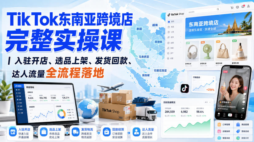 TikTok东南亚跨境店完整实操课｜入驻开店、选品上架、发货回款、达人流量全流程落地-旺仔资源库