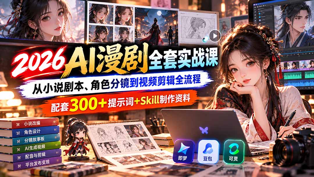 【无水印】2026AI漫剧全套实战课:从小说剧本、角色分镜到视频剪辑全流程,配套300+提示词+Skill制作资料-旺仔资源库