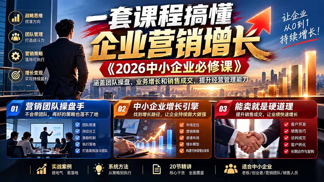 一套课程搞懂企业营销增长《2026中小企业必修课》涵盖团队操盘、业务增长和销售成交,提升经营管理能力-旺仔资源库