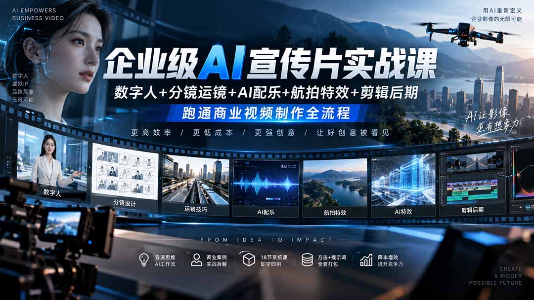 企业级AI宣传片实战课｜数字人+分镜运镜+AI配乐+航拍特效+剪辑后期，跑通商业视频制作全流程-旺仔资源库
