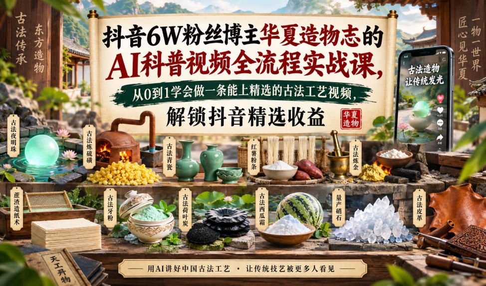 抖音6W粉丝博主华夏造物志的AI科普视频全流程实战课，从0到1学会做一条能上精选的古法工艺视频，解锁抖音精选收益-旺仔资源库