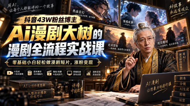 抖音43W粉丝博主Ai漫剧大树的漫剧制作全流程实战课,零基础小白轻松做漫剧短片,涨粉变现-旺仔资源库