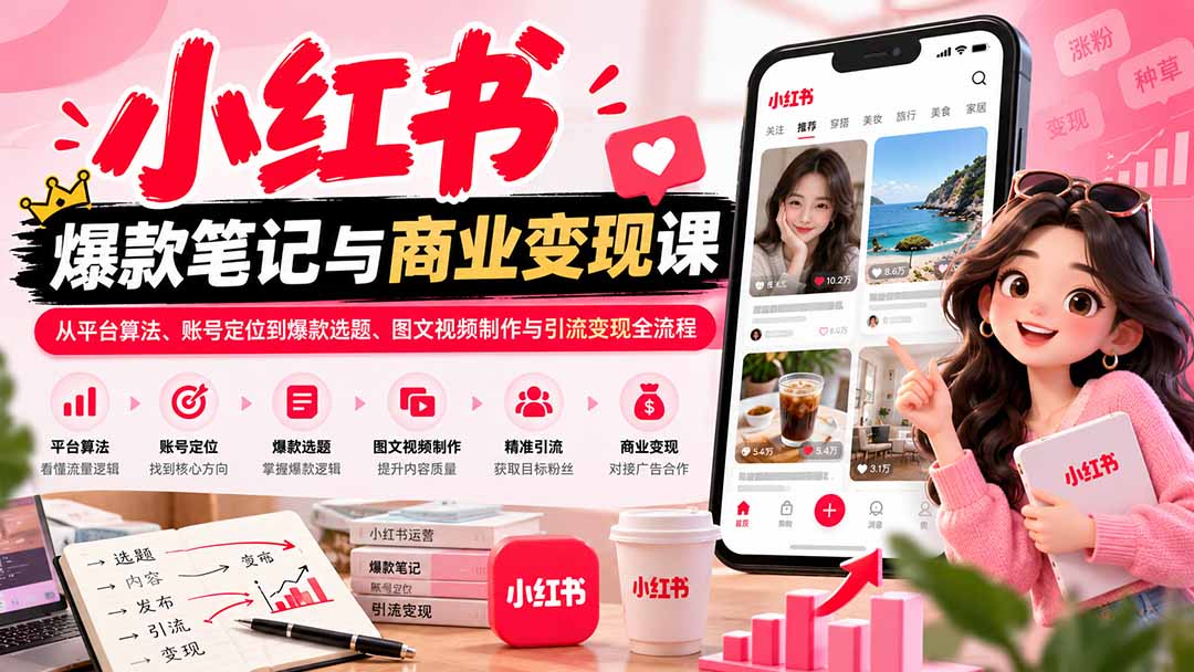 2026小红书爆款笔记与商业变现课：从平台算法、账号定位到爆款选题、图文视频制作与引流变现全流程-旺仔资源库
