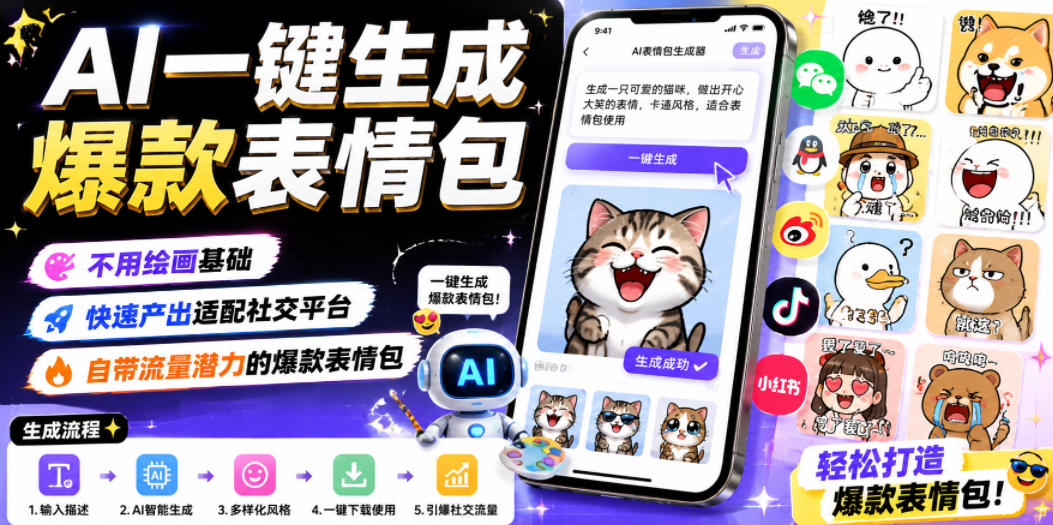 AI一键生成爆款表情包,不用绘画基础,快速产出适配社交平台,自带流量潜力的爆款表情包-旺仔资源库