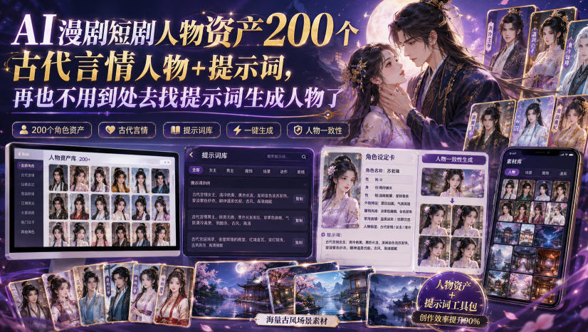 AI漫剧短剧人物资产200个古代言情人物+提示词,再也不用到处去找提示词生成人物了-旺仔资源库
