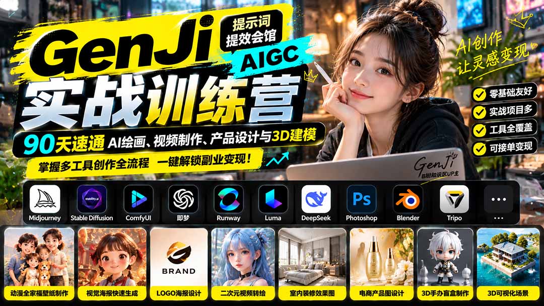 GenJi AIGC实战训练营:90天速通AI绘画、视频制作、产品设计与3D建模,掌握多工具创作全流程-旺仔资源库