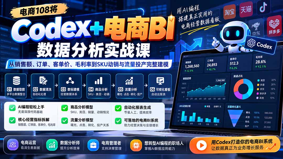 Codex+电商BI数据分析实战课-更新：从销售额、订单、客单价、毛利率到SKU动销与流量投产完整建模-旺仔资源库