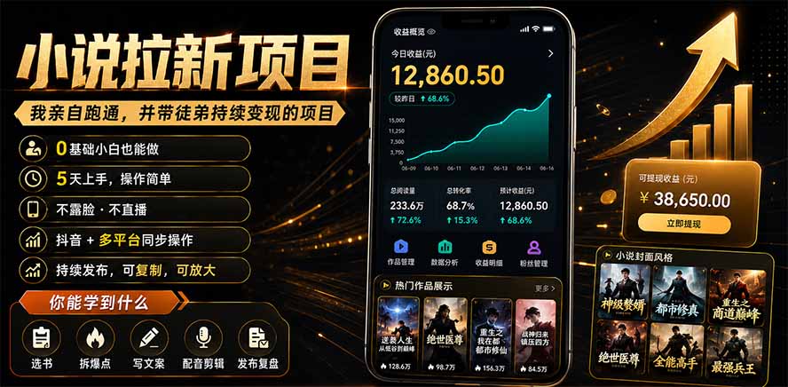 抖音及多平台小说拉新项目:我亲自跑通并持续带徒弟实操|0基础小白5天上手快速变现-旺仔资源库