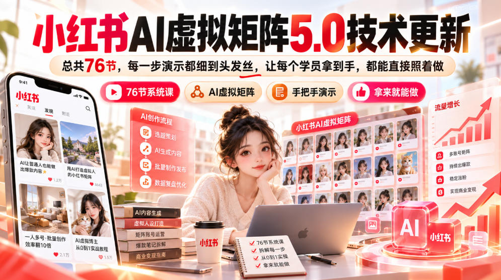小红书AI虚拟矩阵5.0技术更新，总共76节，每一步演示都细到头发丝，让每个学员拿到手，都能直接照着做-旺仔资源库