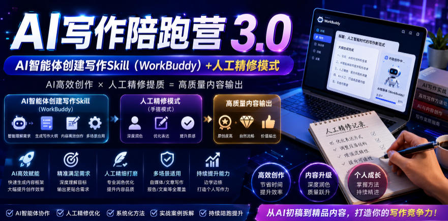 AI写作陪跑营3.0,Ai智能体创建写作skill(workbuddy)+人工手写模式(手搓模式),去除AI痕迹(头条号、公众号、百家号)(更新0907)-旺仔资源库
