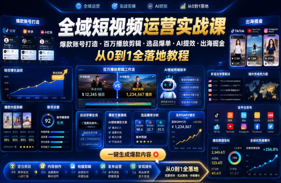 全域短视频运营实战课,爆款账号打造・百万播放剪辑・选品爆单・AI提效・出海掘金,从0到1全落地教程-旺仔资源库