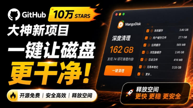 在Gtihub上做出10万stars的大神,又发布新项目了!一键让磁盘更干净,开源免费清理工具MangoDisk-旺仔资源库