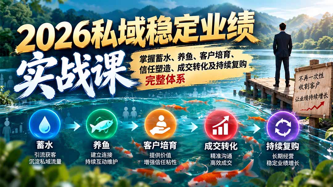 2026私域稳定业绩实战课：掌握蓄水、养鱼、客户培育、信任塑造、成交转化及持续复购完整体系-旺仔资源库