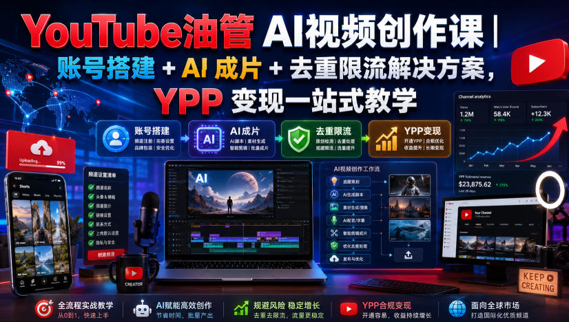 YouTube油管AI视频创作课|账号搭建+AI成片+去重限流解决方案,YPP变现一站式教学-旺仔资源库