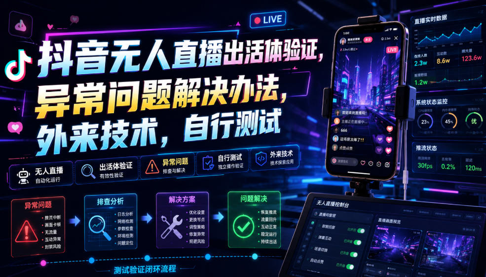 抖音无人直播出活体验证，异常问题解决办法，外来技术，自行测试-旺仔资源库