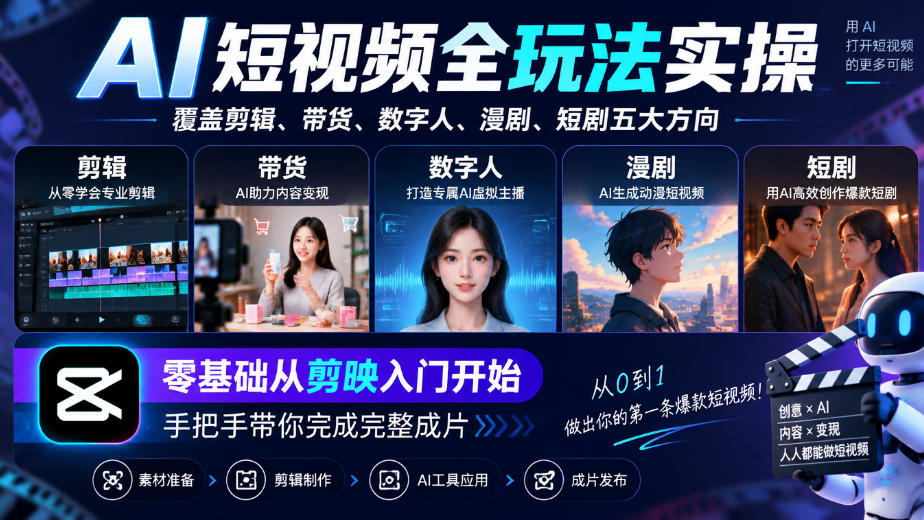 AI短视频全玩法实操,覆盖剪辑、带货、数字人、漫剧、短剧五大方向,零基础从剪映入门开始,手把手带你完成完整成片-旺仔资源库
