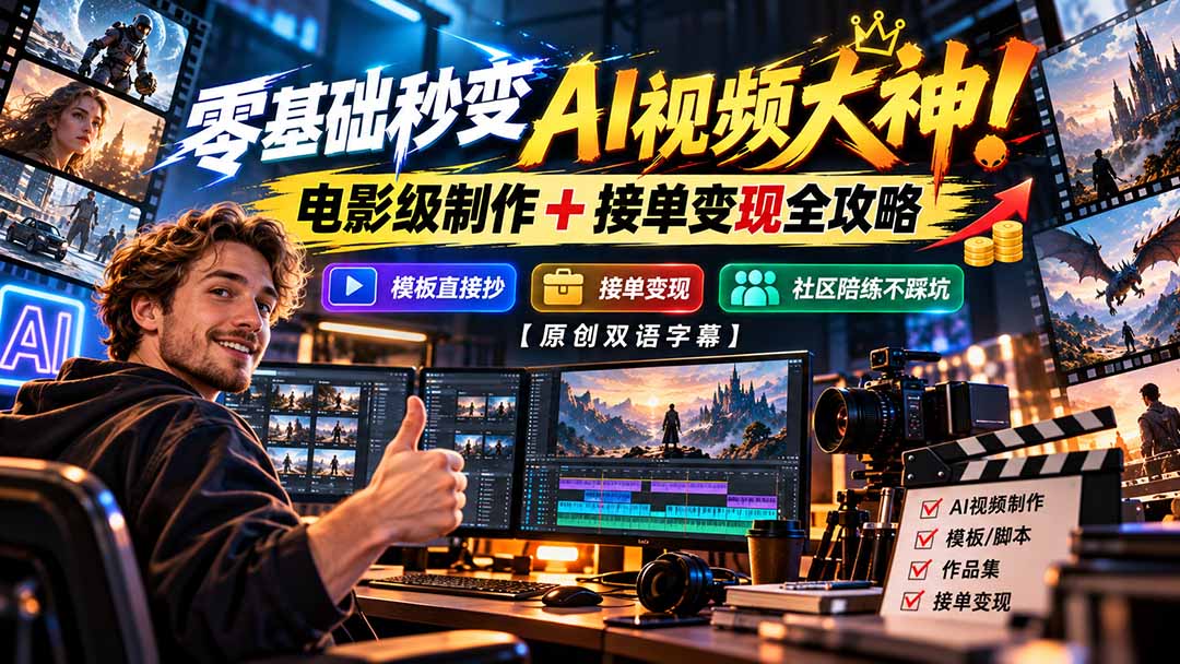 零基础秒变AI视频大神!电影级制作 + 接单变现全攻略,模板直接抄,社区陪练不踩坑【原创双语字幕】-旺仔资源库