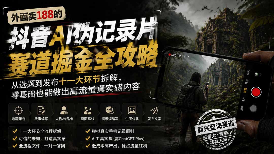 外面卖188的抖音AI伪记录片赛道掘金全攻略；从选题到发布十一大环节拆解，零基础也能做出高流量真实感内容-旺仔资源库