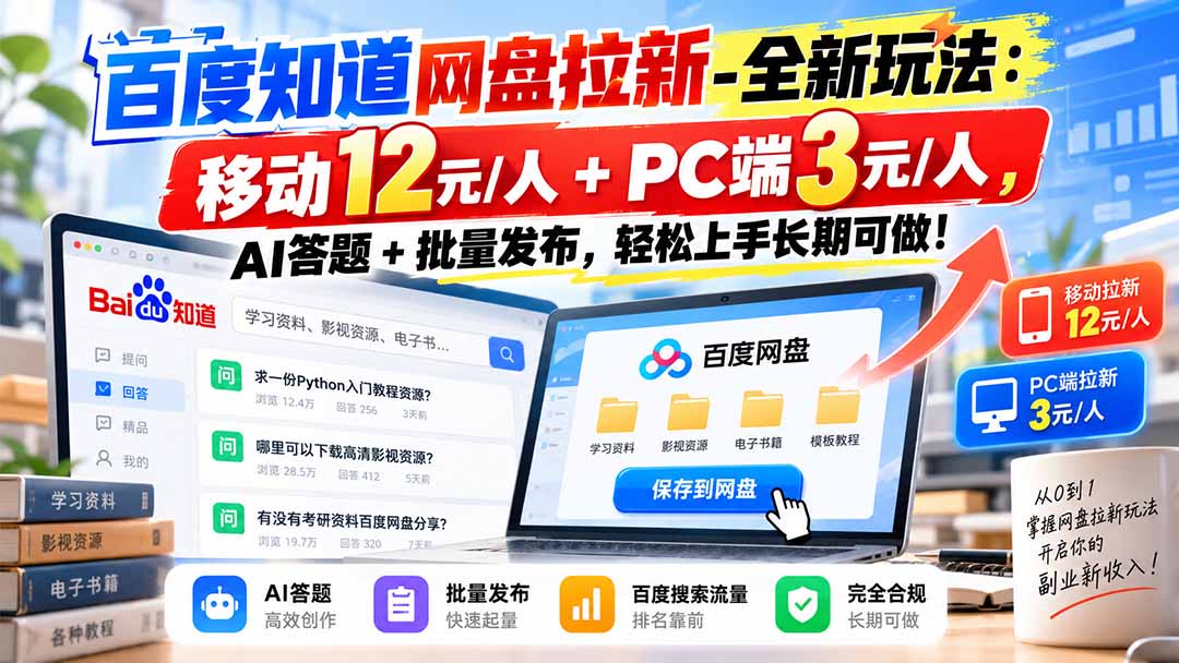 百度知道网盘拉新-全新玩法：移动12元/人+PC端3元/人，AI答题+批量发布，轻松上手长期可做！-旺仔资源库