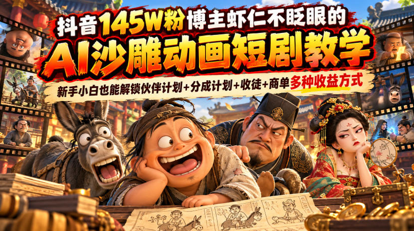 抖音145W粉博主虾仁不眨眼的AI沙雕动画短剧教学，新手小白也能解锁伙伴计划+分成计划+收徒+商单多种收益方式-旺仔资源库