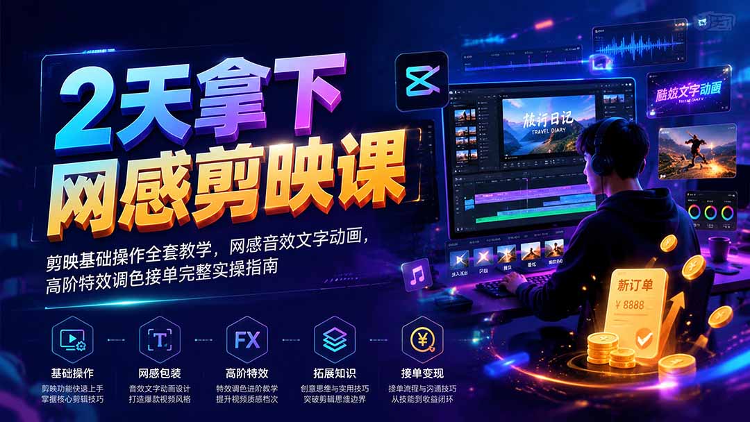2天拿下网感剪辑课｜剪映基础操作全套教学，网感音效文字动画，高阶特效调色接单完整实操指南-旺仔资源库