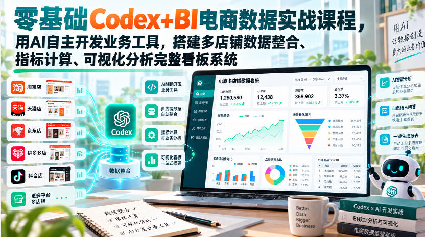 零基础Codex+BI电商数据实战课程，用AI自主开发业务工具，搭建多店铺数据整合、指标计算、可视化分析完整看板系统-旺仔资源库