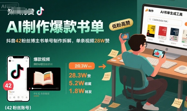 AI制作爆款书单，抖音42粉丝博主书单号制作拆解，单条视频28W赞-旺仔资源库