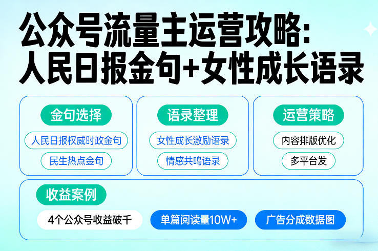利用人民日报金句+女性成长语录做公众号流量主，4个公众号收益破千-旺仔资源库