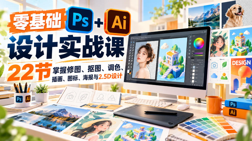 【无水印】零基础PS+AI设计实战课｜22节掌握修图、抠图、调色、插画、图标、海报与2.5D设计-旺仔资源库