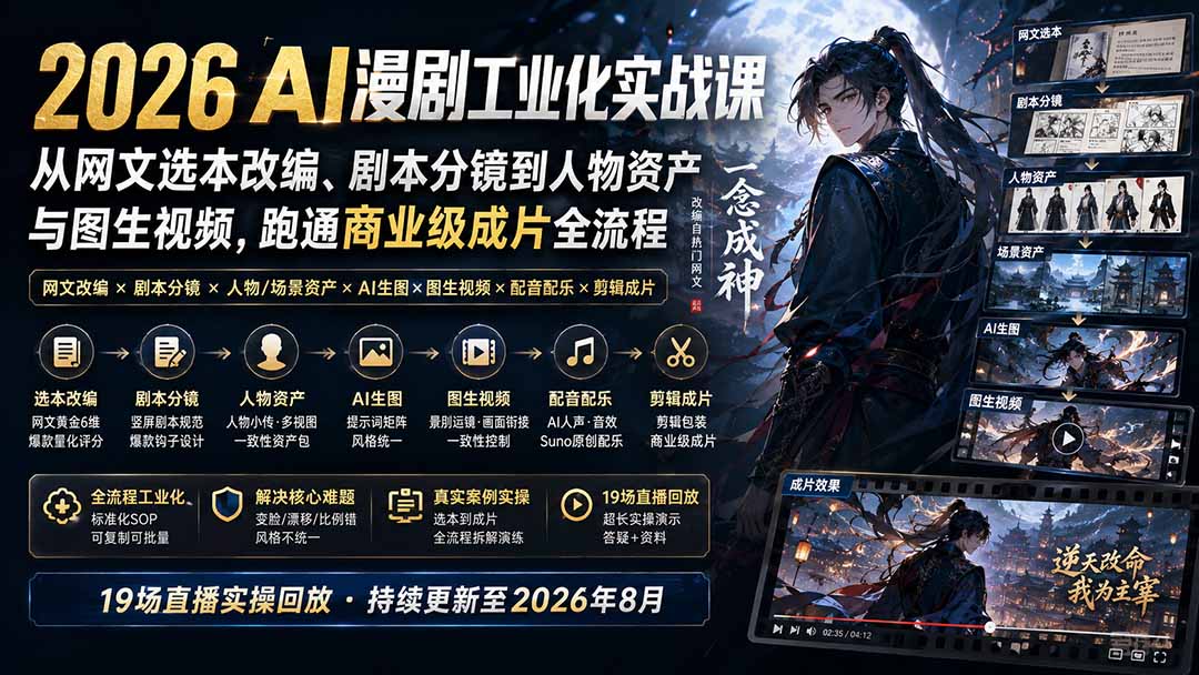 2026 AI漫剧工业化实战课-更新：从网文选本改编、剧本分镜到人物资产与图生视频，跑通商业级成片全流程-旺仔资源库