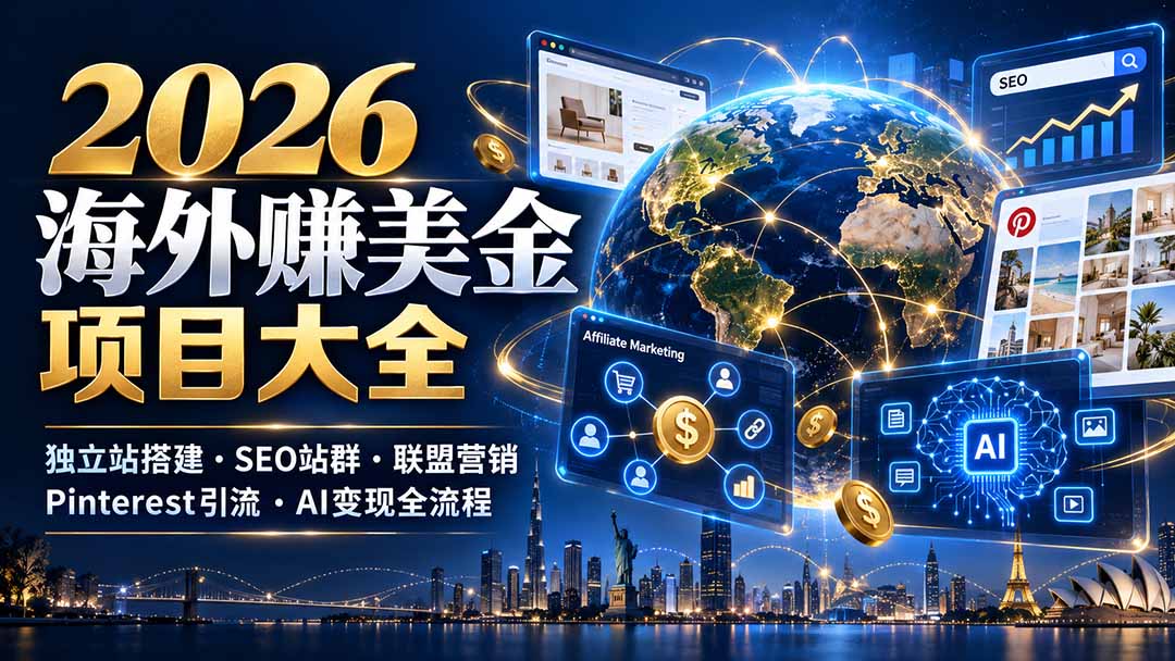 2026海外赚美金项目大全:独立站搭建、SEO站群、联盟营销、Pinterest引流与AI变现全流程-旺仔资源库