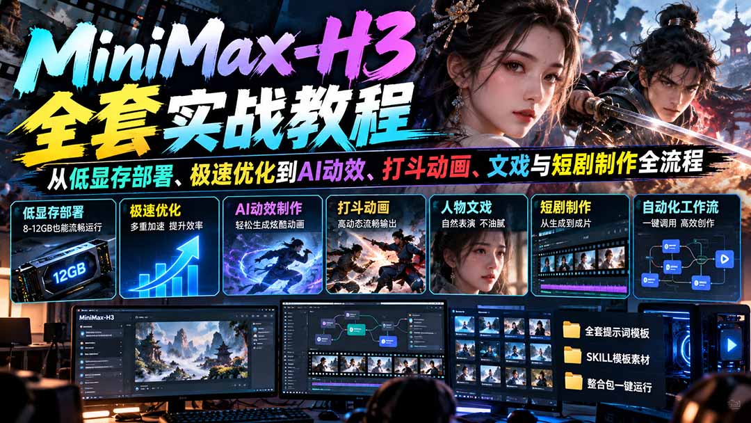 MiniMax-H3全套实战教程:从低显存部署、极速优化到AI动效、打斗动画、文戏与短剧制作全流程-旺仔资源库
