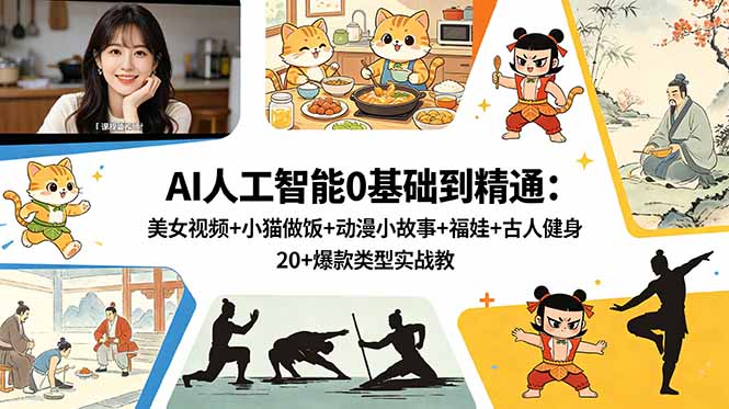 AI人工智能0基础到精通:美女视频+小猫做饭+动漫小故事+福娃+古人健身,20+爆款类型实战教学-旺仔资源库