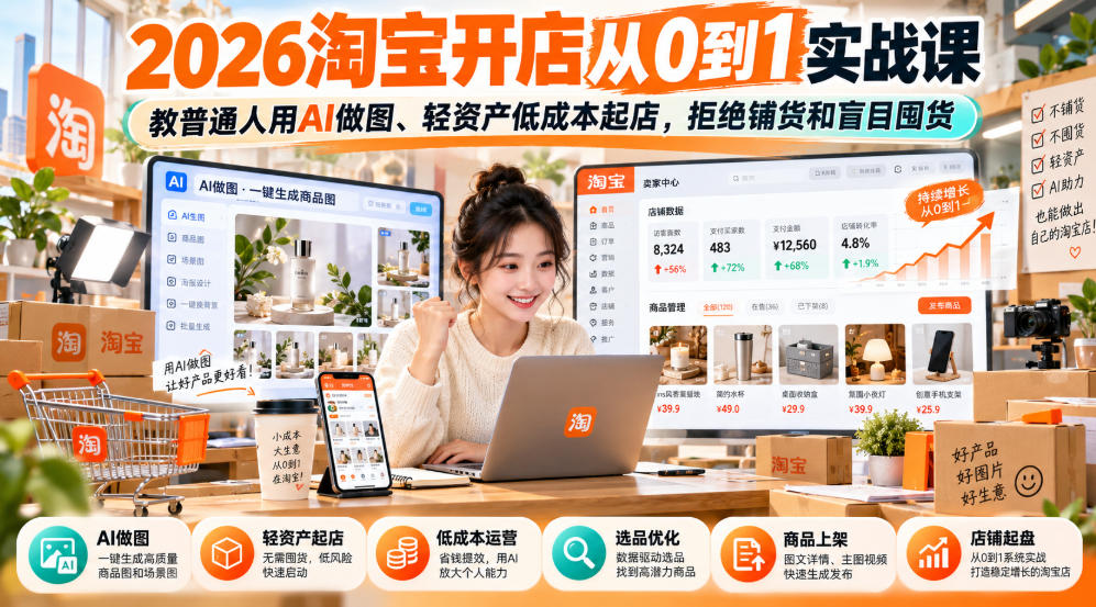 2026淘宝开店从0到1实战课,教普通人用AI做图、轻资产低成本起店,拒绝铺货和盲目囤货-旺仔资源库