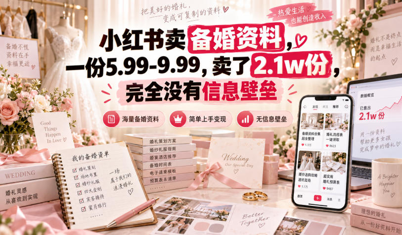 小红书卖备婚资料,一份5.99-9.99,卖了2.1w份,完全没有信息壁垒-旺仔资源库
