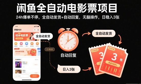 闲鱼全自动电影票项目，24h爆单不停，全自动发货+自动回复，无脑操作，日稳入3张【揭秘】-旺仔资源库