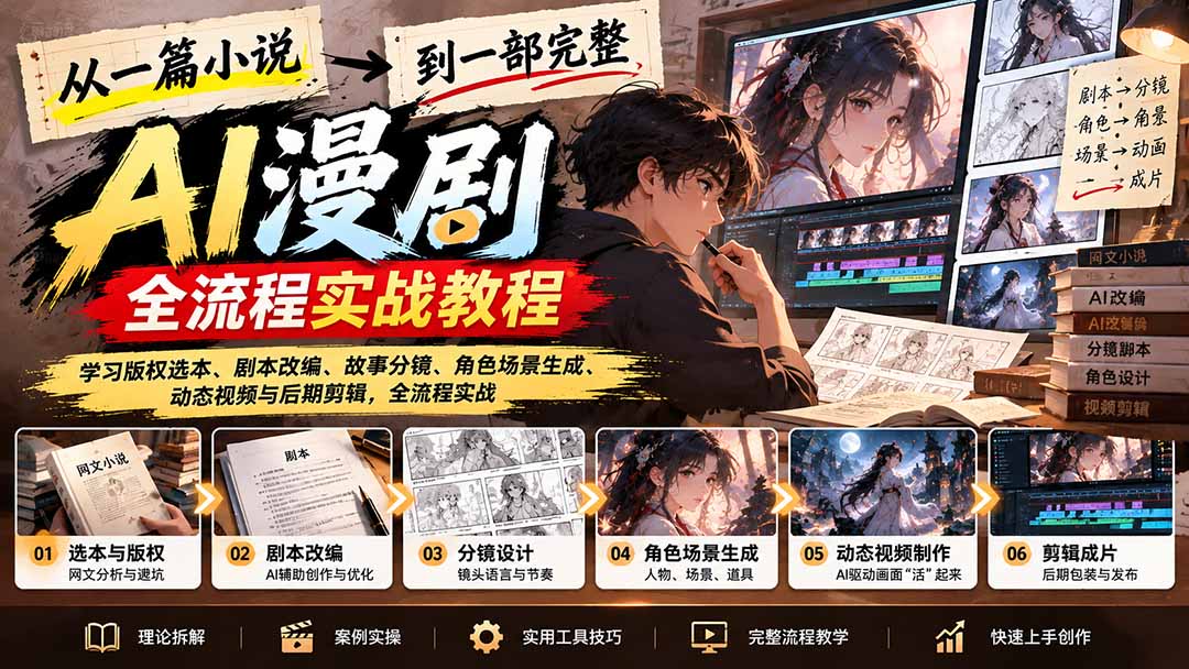 从一篇小说到一部完整AI漫剧:学习版权选本、剧本改编、故事分镜、角色场景生成、动态视频与后期剪辑-旺仔资源库