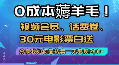 0成本薅羊毛!视频会员、话费卷、30元电影票白送，分享我如何靠转卖一天变现5张+【揭秘】-旺仔资源库
