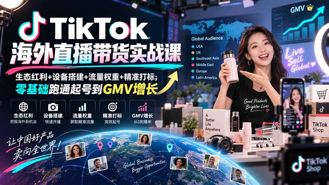TikTok海外直播带货实战课｜生态红利+设备搭建+流量权重+精准打标，零基础跑通起号到GMV增长-旺仔资源库