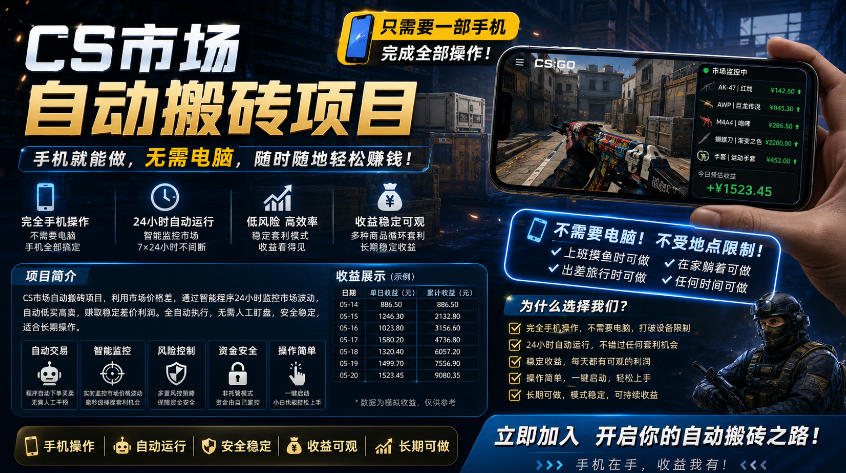 手机即可操作的CS市场自动搬砖系统｜自动监控｜自动下单|日入300+【揭秘】-旺仔资源库
