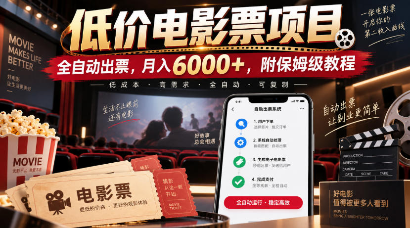 低价电影票项目，全自动出票，月入6000+，附保姆级教程【揭秘】-旺仔资源库