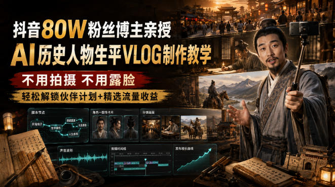 抖音80W粉丝博主的AI历史人物生平VLOG教学,不用拍摄不用露脸,AI帮你搞定,轻松解锁伙伴计划+精选收益-旺仔资源库