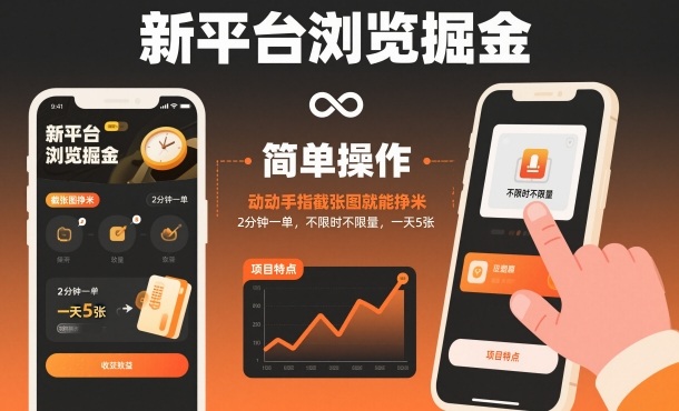 新平台浏览掘金,动动手指截张图就能挣米,2分钟一单,不限时不限量,一天5张【揭秘】-旺仔资源库