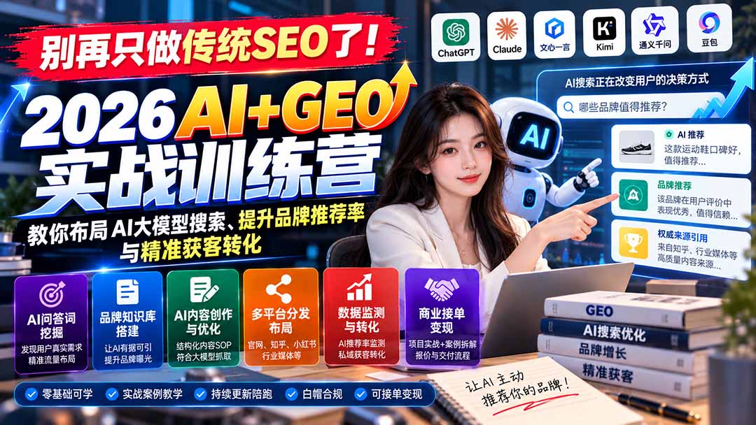 别再只做传统SEO了!《2026AI+GEO实战训练营》教你布局AI大模型搜索、提升品牌推荐率与精准获客转化-旺仔资源库
