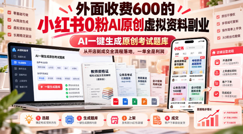 外面收费600的小红书0粉AI原创虚拟资料副业，AI一键生成原创考试题库，从开店到成交全流程落地，一单全是利润-旺仔资源库