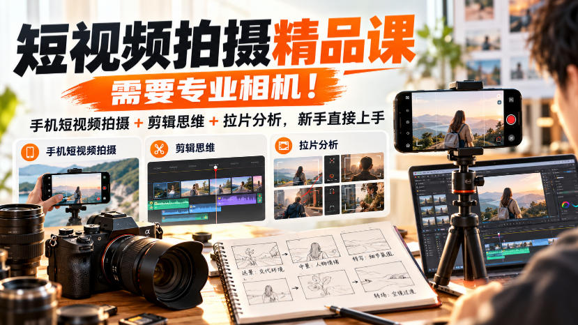 短视频拍摄精品课,需要专业相机!手机短视频拍摄+剪辑思维+拉片分析,新手直接上手-旺仔资源库