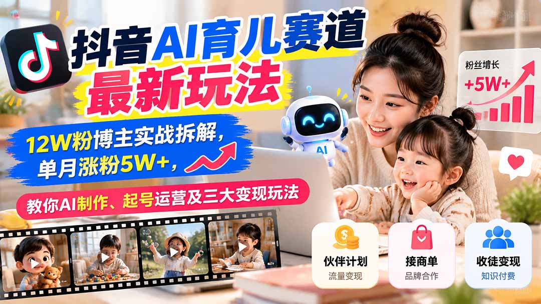 抖音AI育儿赛道最新玩法:12W粉博主实战拆解,单月涨粉5W+,教你AI制作、起号运营及三大变现玩法-旺仔资源库