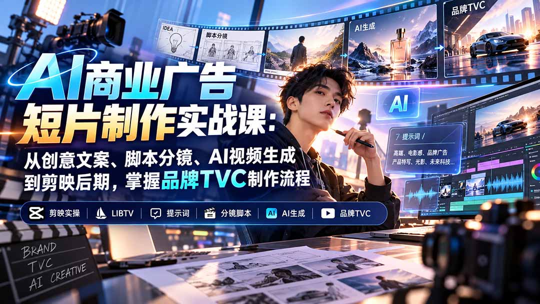 AI商业广告短片制作实战课：从创意文案、脚本分镜、AI视频生成到剪映后期，掌握品牌TVC制作流程-旺仔资源库
